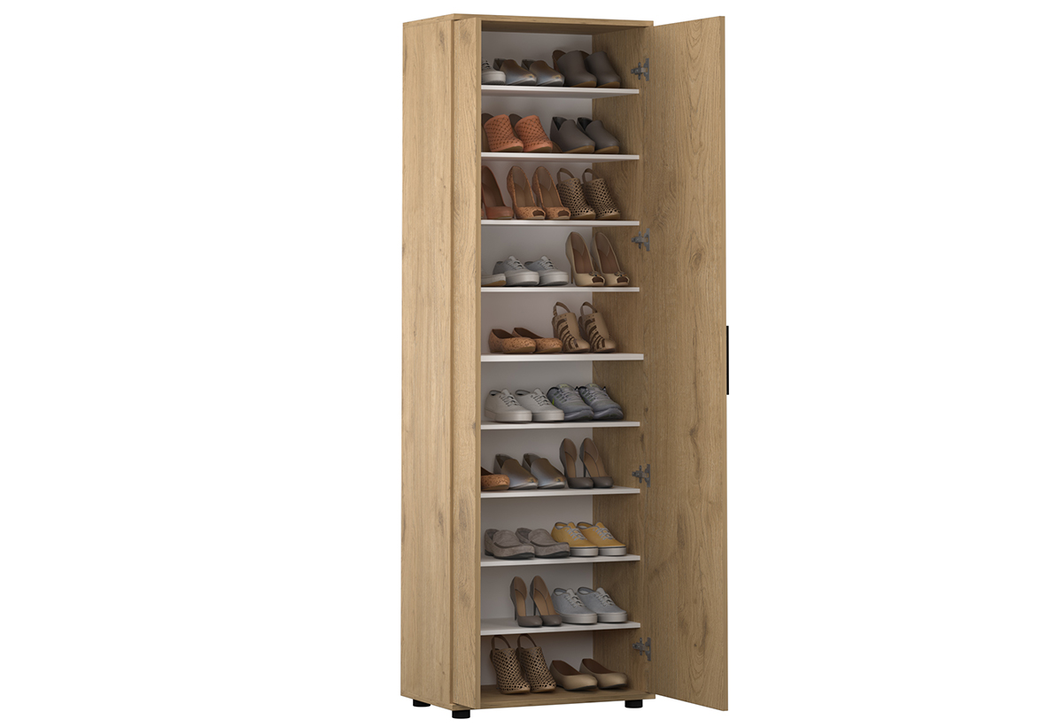 Απεικονίζεται η παπουτσοθήκη ανοιχτή και γεμάτη με ζευγάρια παπούτσια.